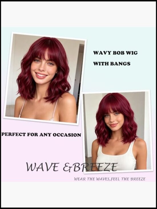 Wavy Bob Wig with Bangs Short Curly Synthetic Hair Natural Looking Daily Wear